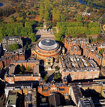 Aerial image of the Royal Albert Hall, and the Albert Memorial in Kensington Gardens, London, England, United Kingdom, Europe