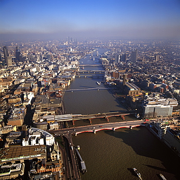 Aerial image of bridges over the River Thames, looking east from Blackfriars Bridge, London, England, United Kingdom, Europe