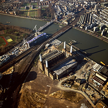 Aerial image of Battersea Power Station, an unused coal-fired power station on the south bank of the River Thames, Battersea, London, England, United Kingdom, Europe