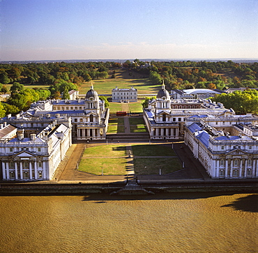 Aerial image of the Royal Naval College and Queen's House, on the south bank of the River Thames, UNESCO World Heritage Site, with the Royal Observatory in the background, Greenwich, London, England, United Kingdom, Europe