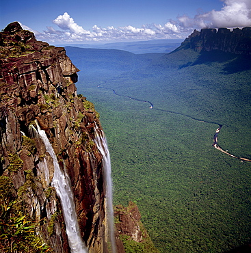 Angel Falls and Mount Auyantepui (Auyantepuy) (Devil's Mountain), looking out to Churun Gorge and Churun River, Tepuis, Venezuela, South America