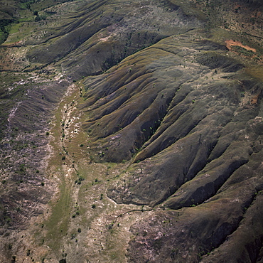 Aerial view of highland savannah and erosion, near Ireng River, Rupununi District, Guyana, South America