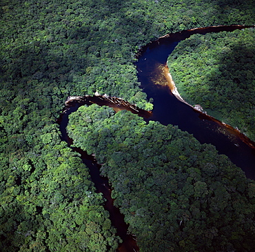 Aerial image of the confluence of Paikwa River with Kako River, Upper Mazaruni District, Guyana, South America