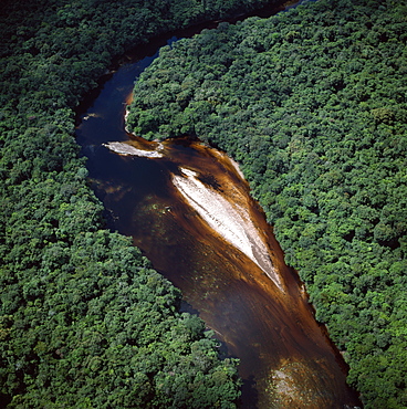 Aerial image of river bend and sandbars in the Paikwa River, Upper Mazaruni District, Guyana, South America