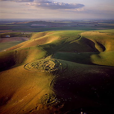 Aerial image of Rybury Camp, an Iron Age hill fort with Neolithic causewayed enclosure, Wiltshire, England, United Kingdom, Europe