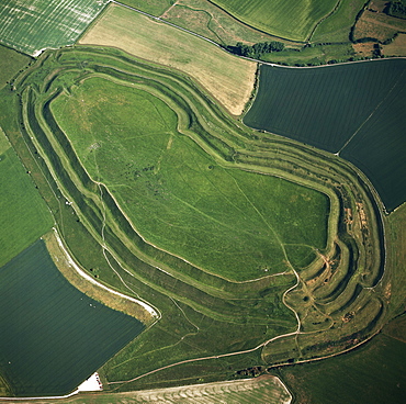 Aerial image of Maiden Castle, an Iron Age hill fort, Winterborne Monkton, near Dorchester, Dorset, England, United Kingdom, Europe