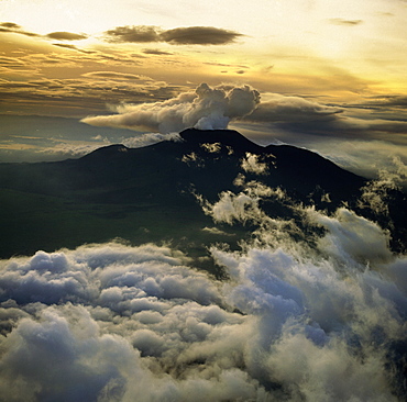 Aerial view of Mount Nyiragongo, an active volcano in the Virunga Mountains in Virunga National Park, near the border with Rwanda, known for its recent devastating eruptions, Democratic Republic of the Congo, Great Rift Valley, Africa