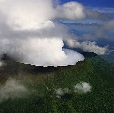 Aerial view of Mount Nyiragongo, an active volcano in the Virunga Mountains in Virunga National Park, near the border with Rwanda, known for its recent devastating eruptions, Democratic Republic of the Congo, Great Rift Valley, Africa