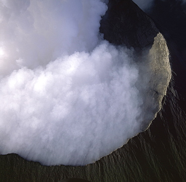 Aerial view of Mount Nyiragongo, an active volcano in the Virunga Mountains in Virunga National Park, near the border with Rwanda, known for its recent devastating eruptions, Democratic Republic of the Congo, Great Rift Valley, Africa