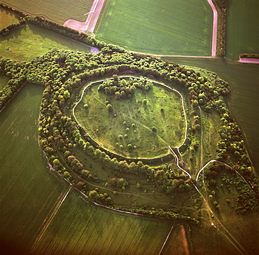 Aerial image of Danebury Ring, an Iron Age hill fort, Wiltshire, England, United Kingdom, Europe