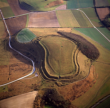 Aerial image of Battlesbury Camp, an Iron Age Hill fort, Warminster, Wiltshire, England, United Kingdom, Europe