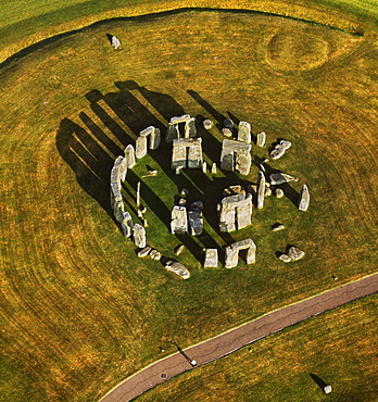 Aerial image of Stonehenge, prehistoric monument and stone circle, UNESCO World Heritage Site, Salisbury Plain, Wiltshire, England, United Kingdom, Europe