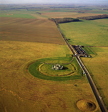 Aerial image of Stonehenge, prehistoric monument and stone circle, UNESCO World Heritage Site, Salisbury Plain, Wiltshire, England, United Kingdom, Europe