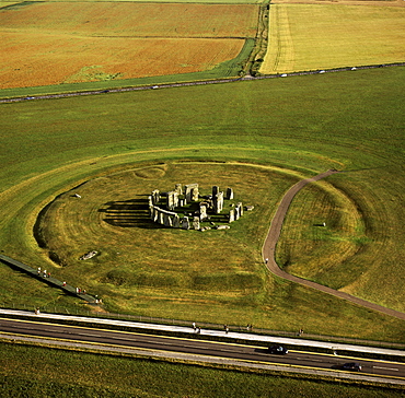 Aerial image of Stonehenge, prehistoric monument and stone circle, UNESCO World Heritage Site, Salisbury Plain, Wiltshire, England, United Kingdom, Europe