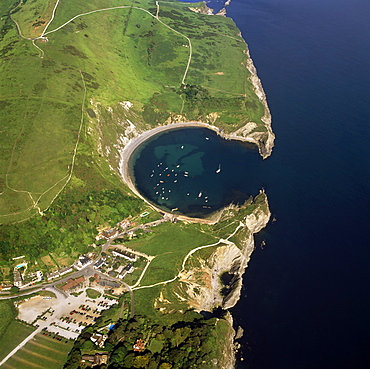 Aerial image of Lulworth Cove, a natural landform harbour, near West Lulworth, on the Jurassic Coast, UNESCO World Heritage Site, Dorset, England, United Kingdom, Europe