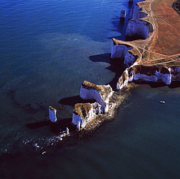 Aerial image of Old Harry Rocks, chalk stacks located directly east of Studland, north of Swanage, Dorset, England, United Kingdom, Europe