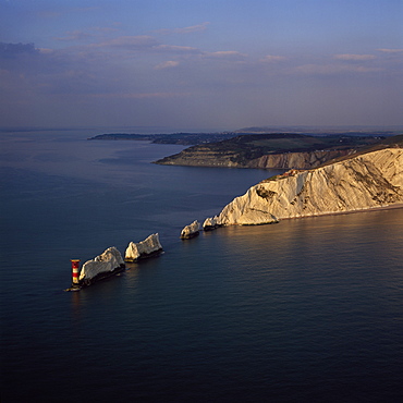 Aerial image of The Needles, a row of three chalk stacks, and Lighthouse, off the western extremity of the Isle of Wight, Alum Bay, Isle of Wight, England, United Kingdom, Europe