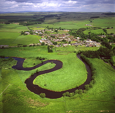 Aerial image of Otterburn, on the banks of the River Rede, Northumberland, England, United Kingdom, Europe