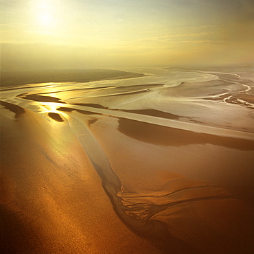 Aerial image of mudflats at sunset, Solway Firth, border between Cumbria in England and Dumfries and Galloway in Scotland, United Kingdom, Europe