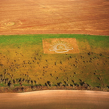 Aerial image of Lamb Down Military Badge, the badge of the Australian Commonwealth Military Forces, cut on a steep slope by the A36, Lamb Down, Wiltshire, England, United Kingdom, Europe