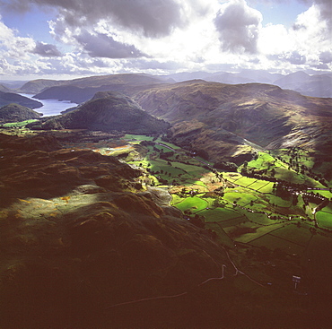 Aerial image of valley north of Thirlmere, Lake District National Park, Cumbria, England, United Kingdom, Europe