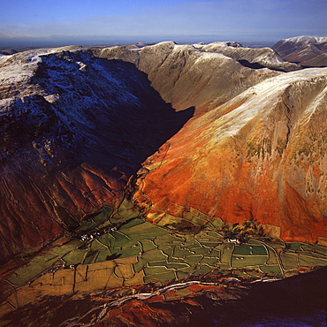 Aerial image of Wasdale Head, with St. Olaf's church, the smallest church in England, Brackenclose, Wasdale Fell, Kirk Fell, High Fell and Mosedale, Lake District National Park, Cumbria, England, United Kingdom, Europe