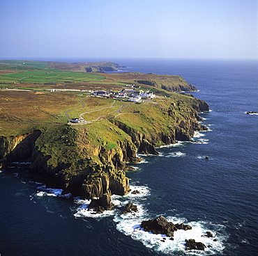 Aerial image of Land's End, a headland on the Penwith peninsula, most westerly point of the English mainland, Cornwall, England, United Kingdom, Europe