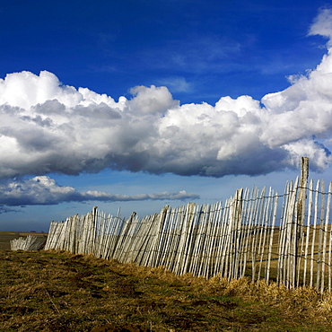 Fence in the rolling hills in Cezallier, Auvergne, France, Europe