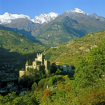 Saint Pierre Castle in front of the Montblanc range, Aosta Valley, Italy, Europe