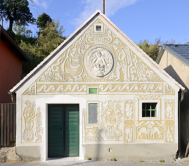 Wine cellar decorated with Sgraffito, Falkenstein, Lower Austria, Austria, Europe