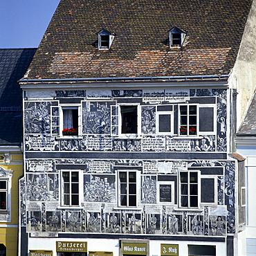 Roman virtues and the ages of a man on a facade, Rathausplatz 4, Weitra, Waldviertel, Lower Austria, Europe