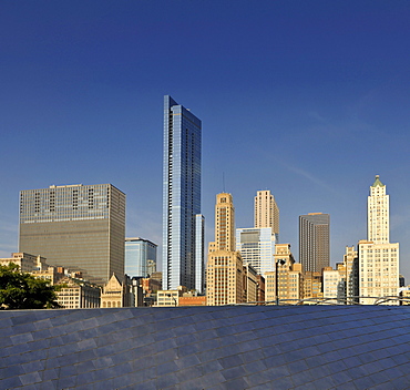 View from BP Bridge pedestrian bridge to Legacy at Millennium Park Building, the Pittsfield Building and Mid-Continental Plaza, Skyline, Chicago, Illinois, United States of America, USA