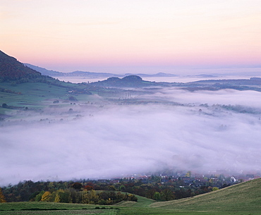 Early morning mist at Albtrauf near Beuren, Swabian Alb, Baden-Wuerttemberg, Germany, Europe