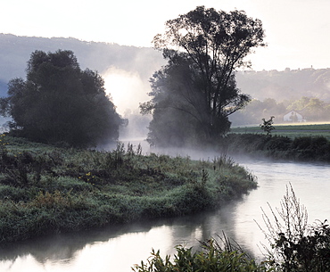 Early morning fog in the river Jagst valley near Langenburg, Hohenlohe, Baden-Wuerttemberg, Germany, Europe