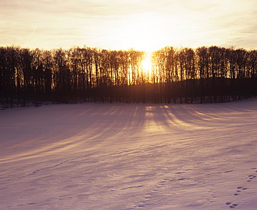 Winter sunset, near Merklingen, Swabian Alb, Baden-Wuerttemberg, Germany, Europe