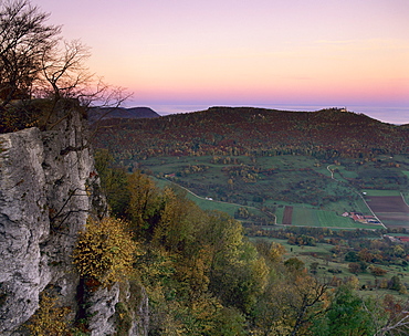 View from the Breiten Stein on Burg Teck castle, near Kirchheim, Swabian Alb, Baden-Wuerttemberg, Germany, Europe