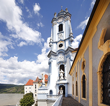 Spire of the abbey church, Duernstein, Wachau valley, Waldviertel region, Lower Austria, Austria, Europe