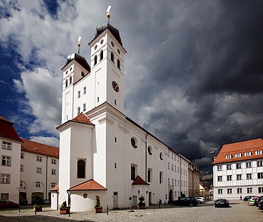 Hofkirche church with thunderstorm, Schlossplatz, Guenzburg, Donauried, Swabia, Bavaria, Germany, Europe