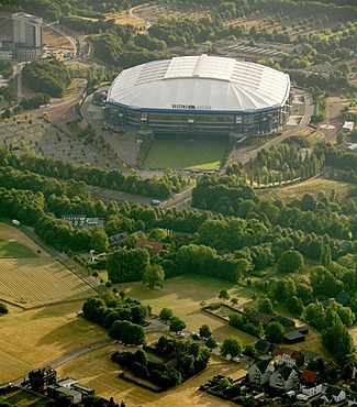 Aerial view, Schalkearena stadium, Arena auf Schalke stadium, Veltins-Arena stadium, stadium of a German Bundesliga club, Buer district, Gelsenkirchen, Ruhrgebiet area, North Rhine-Westphalia, Germany, Europe