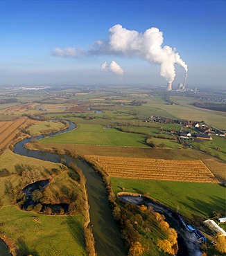 Aerial photo, Lippe River, Lippe meander and meadows, Luenen city limits, Bergkamen, Ruhr area, North Rhine-Westphalia, Germany, Europe