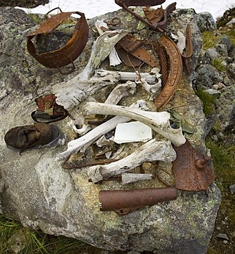 Historic artifacts, bones, tools, Chilkoot Trail, Pass, Klondike Gold Rush National Historical Park, Alaska, USA