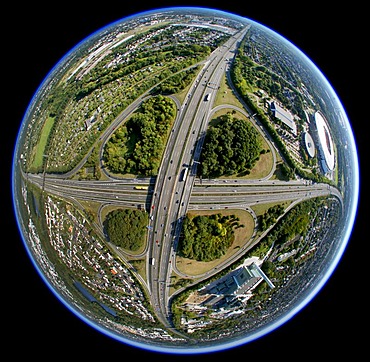 Aerial view, fisheye, Leverkusener Kreuz intersection, intersection A1 A3 motorways, Leverkusen, North Rhine-Westphalia, Germany, Europe