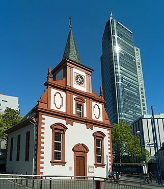 French reformed church, City Tower at back, Offenbach am Main, Hesse, Germany, Europe