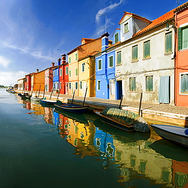 Panoramic view of the city and the colorfully painted houses and canals of Burano, Venice, Italy, Europe