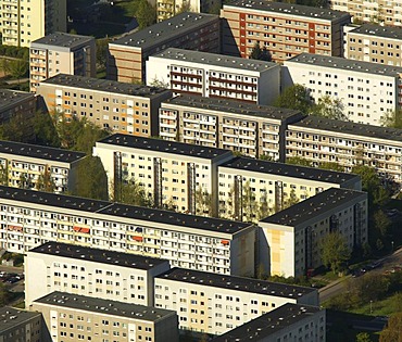 Aerial photograph of high rise residential estate, prefabricated buildings, Neu Olvenstadt, Magdeburg, Saxony-Anhalt, Germany, Europe