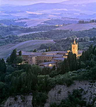 Abbey of Abbazia Monte Oliveto Maggiore at dusk, Crete near Chiusure, Asciano, Siena Province, Tuscany, Italy, Europe