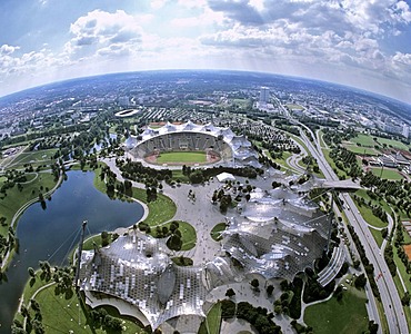 Aerial picture, Olympiazentrum, Olympia Stadium, Olympia Park, view from the television tower, car park, Upper Bavaria, Germany, Europe