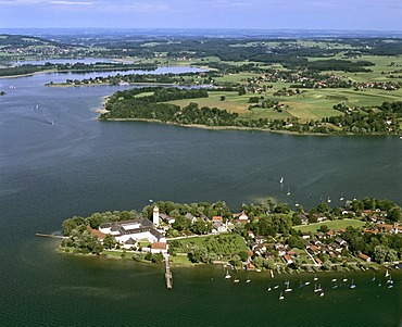 Aerial picture, Frauenchiemsee Island, Frauenwoerth Monastery, Lake Chiemsee, Upper Bavaria, Germany, Europe