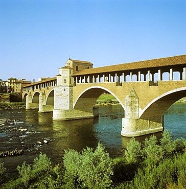 Ponte Coperto (Coperto Bridge) across the Ticino River, Pavia, Lombardy, Italy