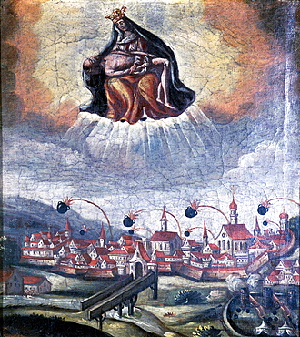 Seventeenth-century votive image depicting the Siege of Donauwoerth, Hl. Kreuz Gruftkapelle Church, Swabia, Bavaria, Germany, Europe